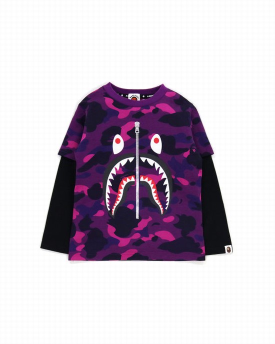 Dětské Tričko Bape Color Camo Shark Layered Tmavě Fialové | 37856MQIF
