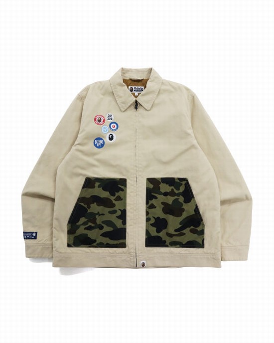 Pánské Bundy Bape Badge Motif Zip Blouson Béžový | 39160YERZ