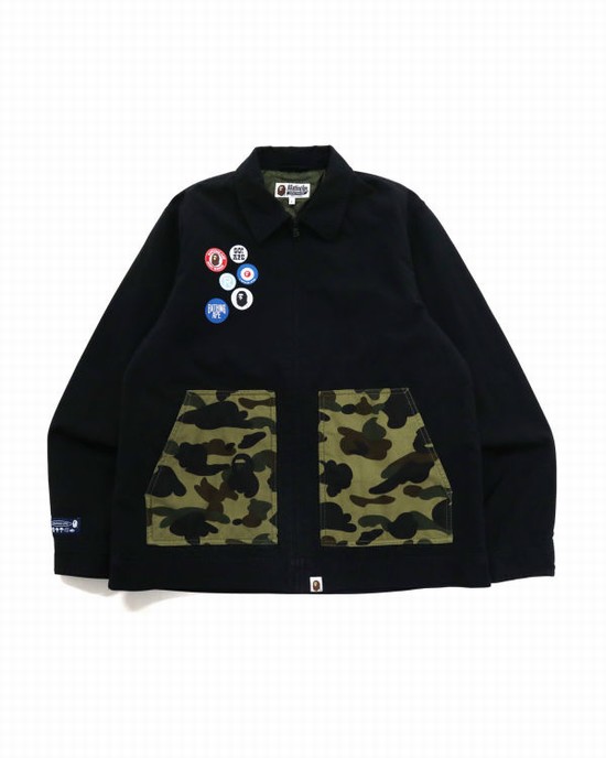 Pánské Bundy Bape Badge Motif Zip Blouson Černé | 87946XFJT
