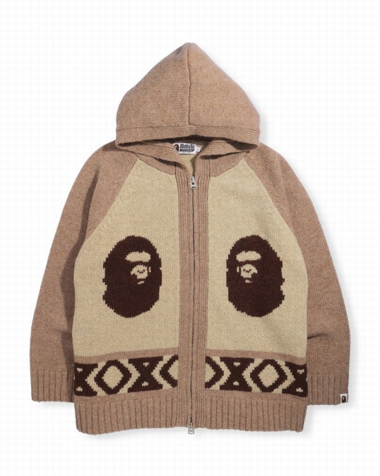 Pánské Knitwear Bape Ape Head Zip Hnědé | 78432UXHJ