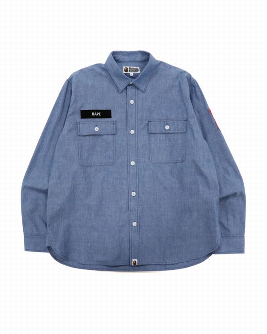 Pánské Košile Bape Military Patch Relaxed Fit Chambray Světle Blankyt | 75412PJWA