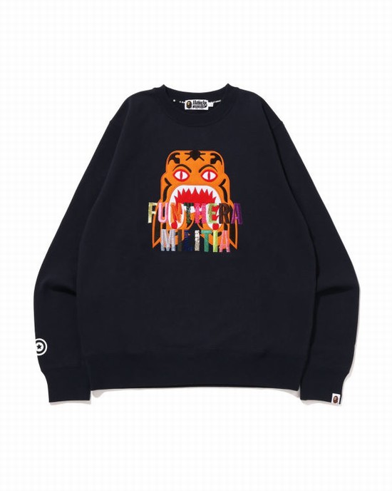 Pánské Mikiny Bape Tiger Embroidery Crewneck Tmavě Blankyt Blankyt | 47902EPAG