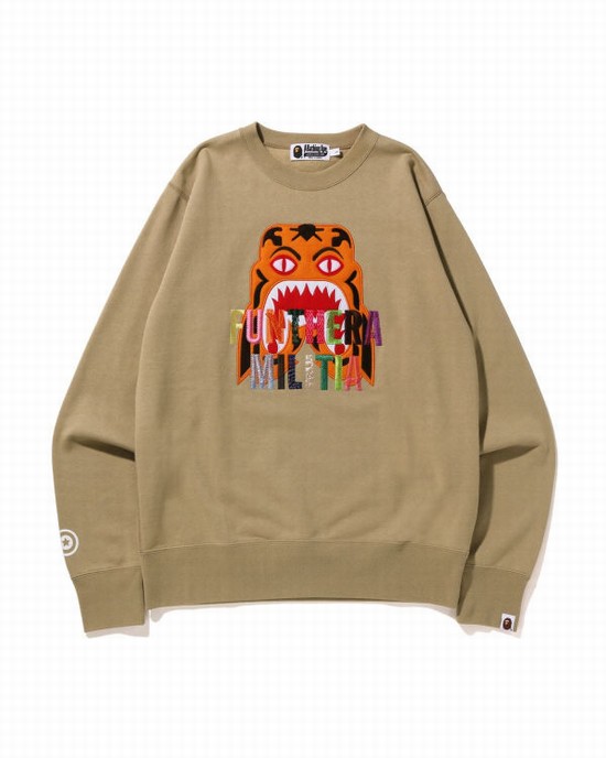 Pánské Mikiny Bape Tiger Embroidery Crewneck Béžový | 56102HEDK