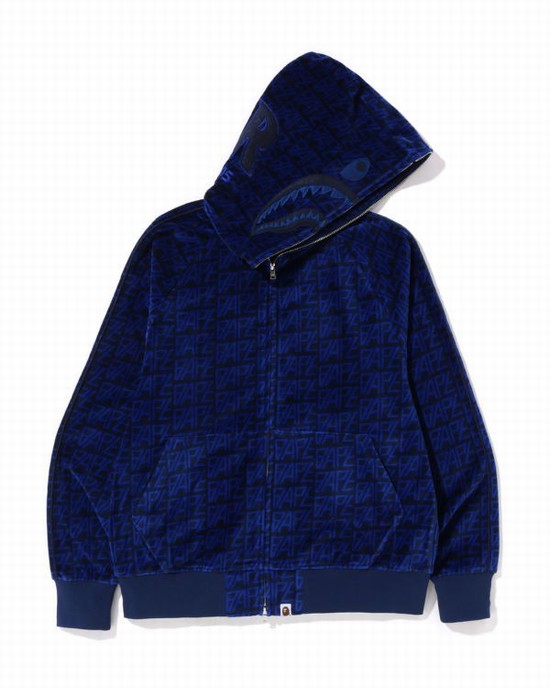 Pánské Mikiny S Kapucí Bape Logo Monogram Velour Shark Full Zip Tmavě Blankyt Blankyt | 05189HCQB