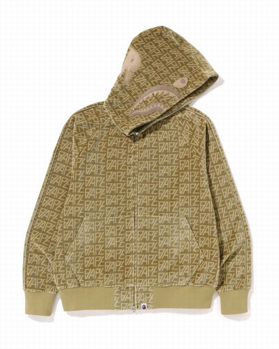 Pánské Mikiny S Kapucí Bape Logo Monogram Velour Shark Full Zip Béžový | 26739SGOK