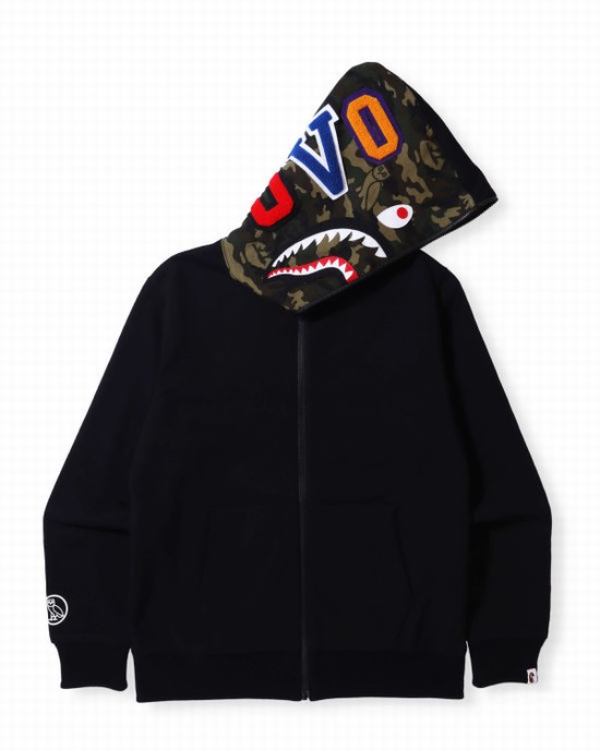 Pánské Mikiny S Kapucí Bape X OVO Woodland Camo Shark Reversible Full Zip Černé | 56780HMYN