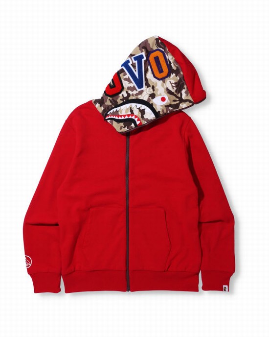 Pánské Mikiny S Kapucí Bape X OVO Woodland Camo Shark Reversible Full Zip Světle Červené | 93721EWKV