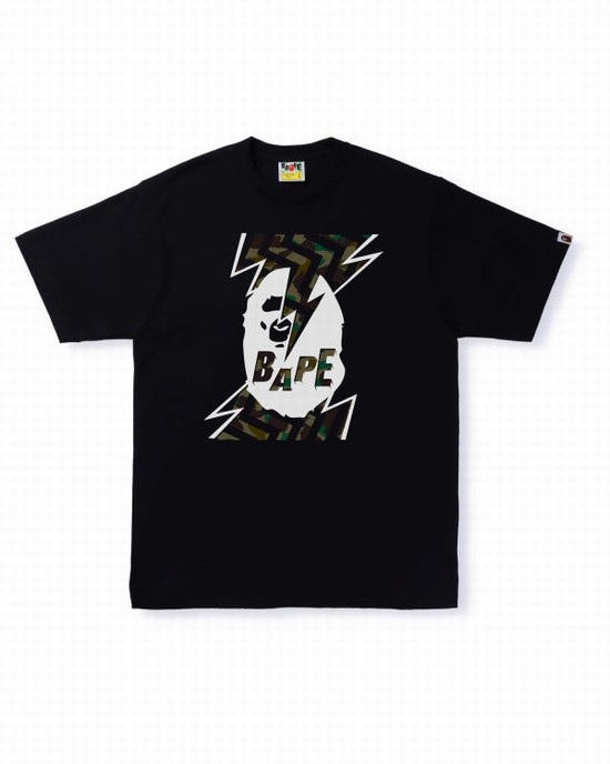 Pánské Tričko Bape 1st Camo Lightning Ape Head Černé | 48603BOSR