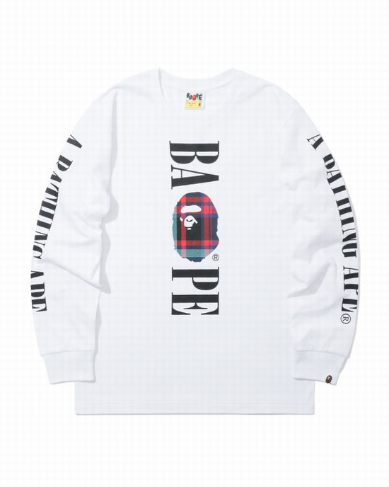 Pánské Tričko Bape Check Head long sleeve Bílé | 73419ZJSF