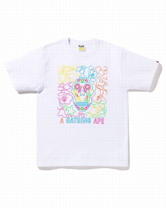 Pánské Tričko Bape Halloween Neon Mexican Skull Bílé | 20687JBFI