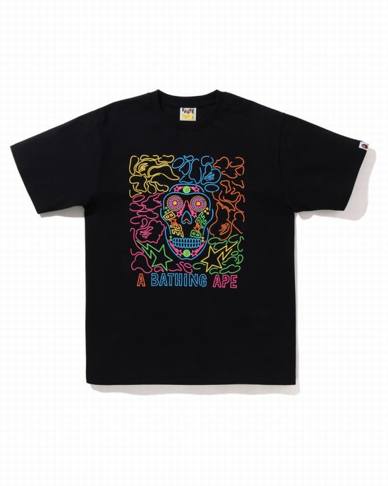 Pánské Tričko Bape Halloween Neon Mexican Skull Černé | 72814WOGV
